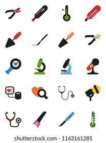 Color and black flat icon set - trowel vector, pruner, saw, stethoscope, blood pressure, thermometer, heart diagnostic, microscope, scalpel, microphone