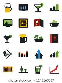 Color and black flat icon set - statistic monitor vector, barcode, equalizer, scanner, statistics, bar graph, alcohol, wine card, cocktail, phyto, beer, salad, sushi, arrow up, growth