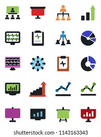 Color and black flat icon set - growth statistic vector, hierarchy, presentation board, monitor, circle chart, pulse, clipboard, statistics, pie graph, point