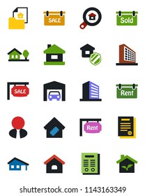 Color and black flat icon set - office building vector, contract, house, with garage, tree, estate document, sale, rent, sold signboard, search, agent, smart home, insurance, eco