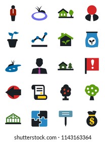 Color and black flat icon set - left arrow vector, manager, contract, seedling, plant label, greenhouse, pond, fertilizer, important flag, application, point graph, house with tree, fruit, eco