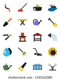 Color and black flat icon set - job vector, trowel, rake, watering can, pruner, saw, lawn mower, water drop, sun, hoe, sickle, fireplace, pond, picnic table, fence, salad, alcove, irrigation