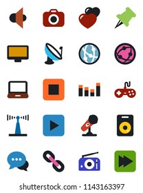 Color and black flat icon set - satellite antenna vector, camera, microphone, radio, speaker, gamepad, equalizer, network, dialog, monitor, laptop pc, chain, heart, paper pin, play button, stop