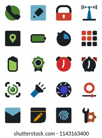 Color and black flat icon set - antenna vector, call, menu, mobile camera, alarm, stopwatch, mail, notes, torch, brightness, place tag, lock, eye id, fingerprint, battery, sertificate, root setup