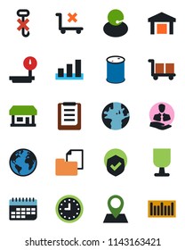 Color and black flat icon set - earth vector, pin, store, support, client, clock, term, clipboard, folder document, fragile, cargo, no trolley, hook, warehouse, sorting, shield, oil barrel, barcode