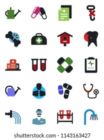 Color and black flat icon set - watering can vector, bird house, doctor case, diagnosis, stethoscope, blood test vial, pills, patch, caries, broken bone, pulse clipboard, hospital, client, no hook