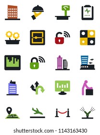 Color and black flat icon set - fence vector, arrival, baby room, airport building, statistic monitor, pulse clipboard, route, navigation, heavy scales, scanner, application, office, flower in pot