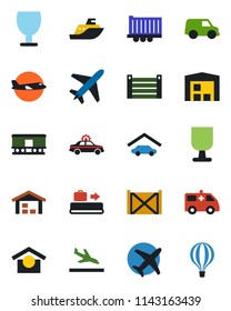 Color and black flat icon set - plane vector, arrival, baggage conveyor, alarm car, ambulance, sea shipping, truck trailer, container, fragile, warehouse storage, railroad, garage, air balloon