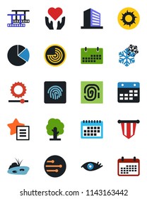 Color and black flat icon set - radar vector, office building, pennant, tree, sun, heart hand, eye, film frame, favorites list, network, calendar, brightness, fingerprint id, pie graph, pond