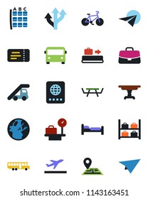 Color and black flat icon set - departure vector, baggage conveyor, airport bus, ticket, passport, bed, ladder car, seat map, luggage storage, scales, case, picnic table, bike, route, navigation