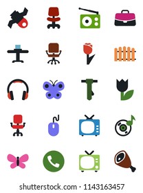 Color and black flat icon set - phone vector, tv, office chair, case, mouse, tie, fence, butterfly, satellite, tulip, radio, headphones, music, restaurant table, ham