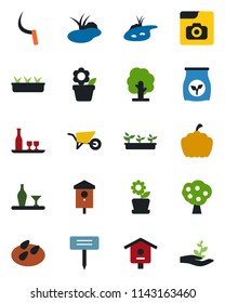 Color and black flat icon set - flower in pot vector, tree, wheelbarrow, seedling, sickle, plant label, pumpkin, seeds, pond, bird house, fertilizer, photo gallery, fruit, alcohol, palm sproute