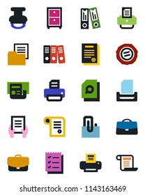 Color and black flat icon set - office binder vector, document, stamp, printer, folder, case, paper clip, news, search, checklist, tray, archive box, contract
