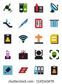 Color and black flat icon set - escalator vector, bomb in case, flight table, book, document, signpost, office phone, satellite antenna, radio, sim, notes, wireless, face id, identity card, tray