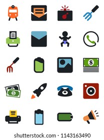 Color and black flat icon set - train vector, bomb in case, baby, printer, garden fork, cash, battery, mobile camera, gallery, mail, phone, rocket, advertising