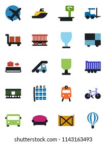 Color and black flat icon set - baggage conveyor vector, airport bus, train, waiting area, fork loader, ladder car, seat map, bike, railroad, plane, sea shipping, truck trailer, container, fragile