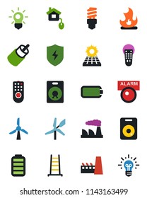 Color and black flat icon set - factory vector, ladder, fire, remote control, speaker, battery, rca, protect, sun panel, home, bulb, energy saving, windmill, alarm led, idea