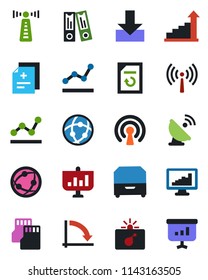 Color and black flat icon set - antenna vector, bomb in case, growth statistic, office binder, crisis graph, document reload, diagnosis, satellite, network, sd, download, monitor statistics, point