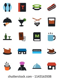Color and black flat icon set - spoon and fork vector, coffee, cook, dish, alcohol, wine card, menu, reserved, drink, cocktail, plates, bacon, waiter, cafe building, restaurant receipt, chicken