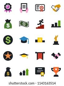 Color and black flat icon set - handshake vector, dollar sign, pedestal, medal, graduate, money bag, document, bar graph, career ladder, police, arrow up, pennon, cash, certificate, award cup