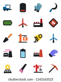 Color and black flat icon set - fork loader vector, factory, trowel, glove, saw, sickle, flammable, battery, low, sun panel, windmill, crane, hard work