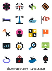 Color and black flat icon set - plane radar vector, bomb in case, bed, wind, statistic monitor, pond, heart diagnostic, pills blister, ambulance star, patient, route, important flag, antenna