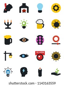 Color and black flat icon set - sun vector, brainstorm, bulb, garden light, eye, traffic, brightness, fireplace, beer, candle, smoke detector, alarm led, idea, palm sproute