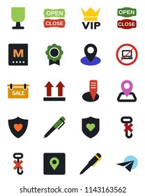 Color and black flat icon set - no laptop vector, vip, pen, plant label, heart shield, navigation, pin, fragile, up side sign, hook, place tag, sertificate, sale, menu, open close, paper plane