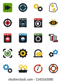 Color and black flat icon set - ticket office vector, washer, gear, contract, fast forward, eye id, target, flower in pot, omelette, clock, crisis management