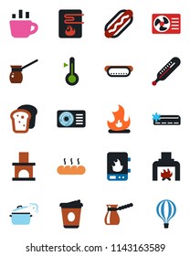 Color and black flat icon set - coffee vector, fire, fireplace, thermometer, air conditioner, bread, hot dog, steaming pan, turkish, water heater, balloon