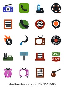 Color and black flat icon set - alarm clock vector, abacus, stamp, sickle, plant label, reel, vinyl, flame disk, radio, tv, phone, call, office, open close, turkish coffee