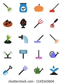 Color and black flat icon set - garden fork vector, shovel, farm, rake, watering can, sproute, hoe, plant label, pumpkin, seeds, fertilizer, fruit tree, irrigation