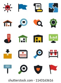 Color and black flat icon set - statistic monitor vector, contract, plant label, blood test vial, heart diagnostic, shield, medical calendar, warehouse, package, search cargo, application, alarm led
