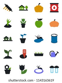 Color and black flat icon set - flower in pot vector, seedling, watering can, sproute, plant label, pumpkin, pond, tulip, oil barrel, house with tree, rolling pin, apple fruit, water filter