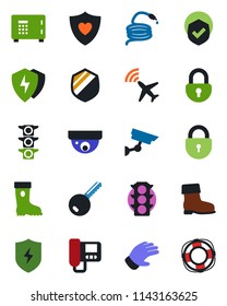Color and black flat icon set - plane radar vector, safe, lock, glove, boot, hose, heart shield, traffic light, protect, key, intercome, surveillance, crisis management