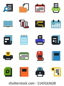 Color and black flat icon set - contract vector, book, document search, notepad, calendar, printer, folder, news, copybook, schedule