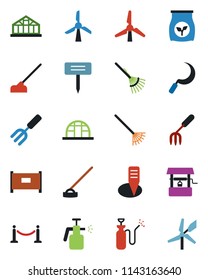 Color and black flat icon set - fence vector, garden fork, rake, well, hoe, sickle, plant label, greenhouse, sprayer, fertilizer, windmill