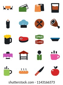 Color and black flat icon set - hot cup vector, coffee, waiter, restaurant table, cafe, cook hat, drink, beer, bread, candle, open close, alcove, credit card, steak, ham, bowl, cutting board, knife