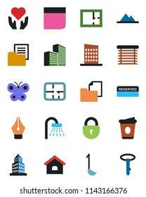 Color and black flat icon set - shower vector, lock, coffee, butterfly, heart hand, folder document, office building, ink pen, blank box, house, mountains, plan, city, reserved, ladle, jalousie, tie