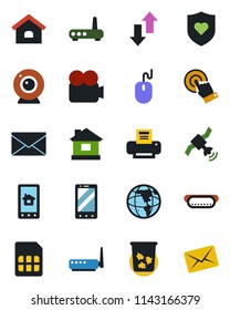 Color and black flat icon set - trash bin vector, mobile phone, mail, mouse, house, heart shield, satellite, video camera, touch screen, sim, data exchange, printer, hot dog, router, web, earth