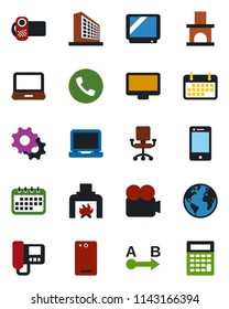 Color and black flat icon set - phone vector, office building, fireplace, earth, term, route, tv, video camera, cell, monitor, laptop pc, back, settings, intercome, chair, calendar, calculator