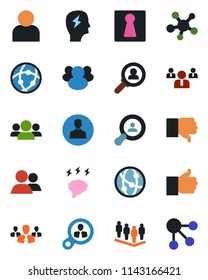Color and black flat icon set - female vector, team, brainstorm, network, share, group, finger up, down, user, client search, consumer, social media