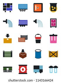 Color and black flat icon set - trash bin vector, checkroom, bucket, watering, truck trailer, cargo container, consolidated, package, oil barrel, railroad, archive box, water filter