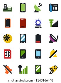 Color and black flat icon set - satellite antenna vector, mobile phone, virus, cell, low battery, back, sim, mute, cellular signal, office, sun panel
