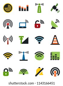 Color and black flat icon set - antenna vector, wireless notebook, border cone, radar, satellite, equalizer, mute, cellular signal, lock