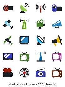 Color and black flat icon set - antenna vector, satellite, radio, loudspeaker, tv, video camera