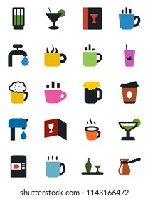 Color and black flat icon set - hot cup vector, coffee machine, water supply, alcohol, wine card, drink, cocktail, phyto bar, beer, turkish