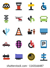 Color and black flat icon set - airport tower vector, taxi, bus, parking, passport control, signpost, alarm car, border cone, radar, helicopter, disabled, route, traffic light, truck trailer