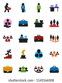 Color and black flat icon set - manager vector, pedestal, team, place, client, case, company, desk, career ladder, group