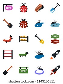 Color and black flat icon set - job vector, shovel, lady bug, caterpillar, pond, rack, rent, bacon, open close, rocket